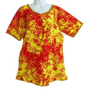 Hawaiian Barkcloth Tunic Dress Zip Neon Yellow Red Short Sleeve Back Slit Trim